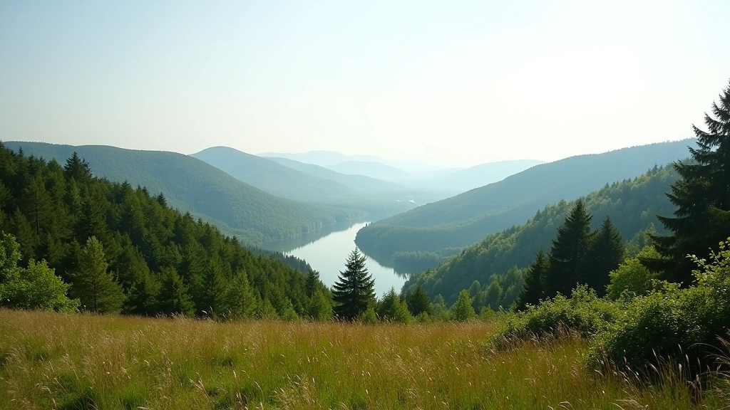 Panorāmas skats no kalns virsotnes, meža un ūdenstilpju ainavas