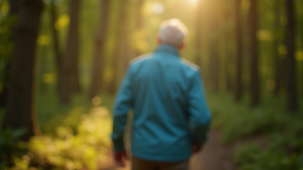 Seniori staigā pa mežonīgu taku, skaists saulespils gaismas spēle caur kokiem